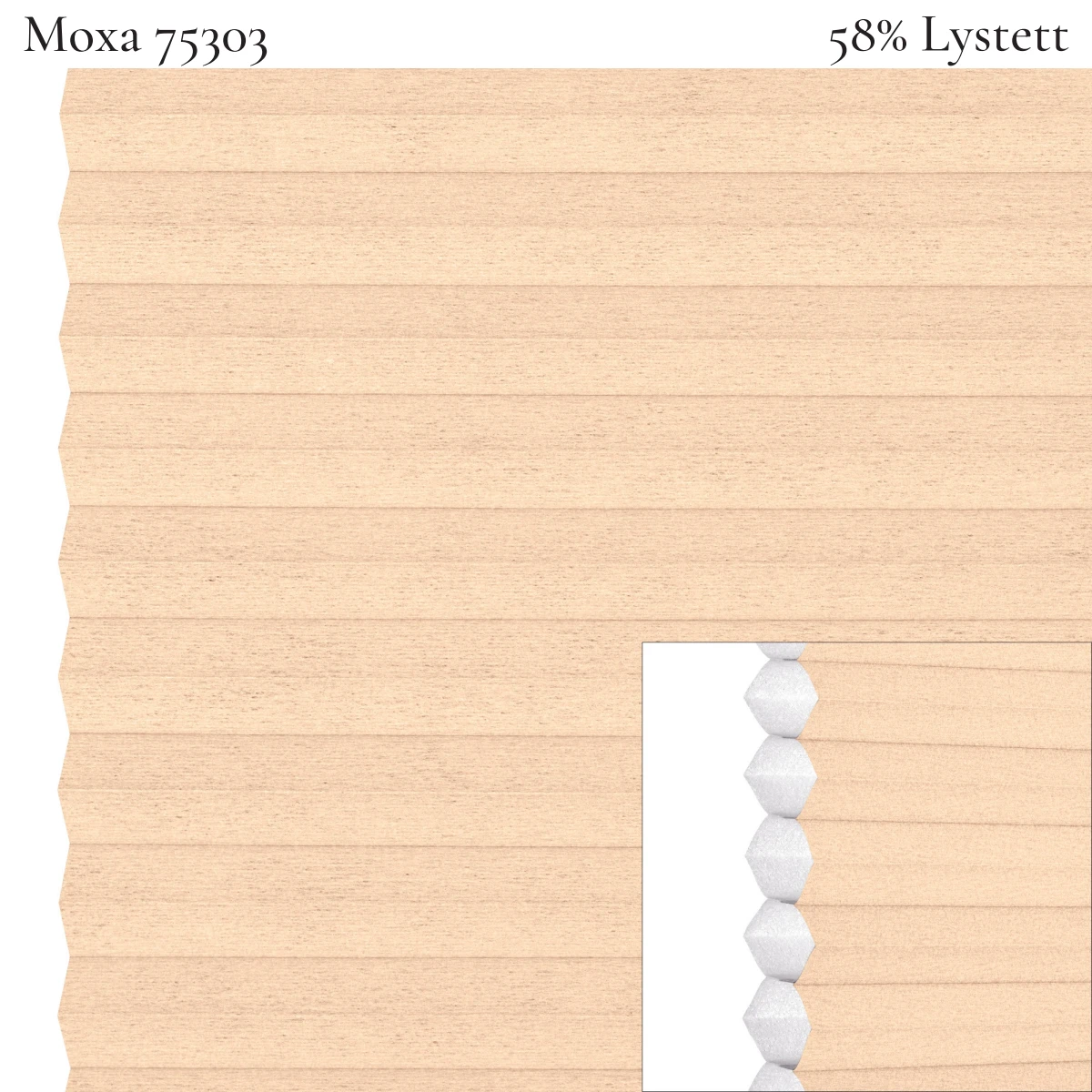 Moxa 75303 plissegardin-tekstil — 58% Lystett Prisgunstig tekstil med myk bomullsfølelse og et rolig uttrykk i lyse beige toner