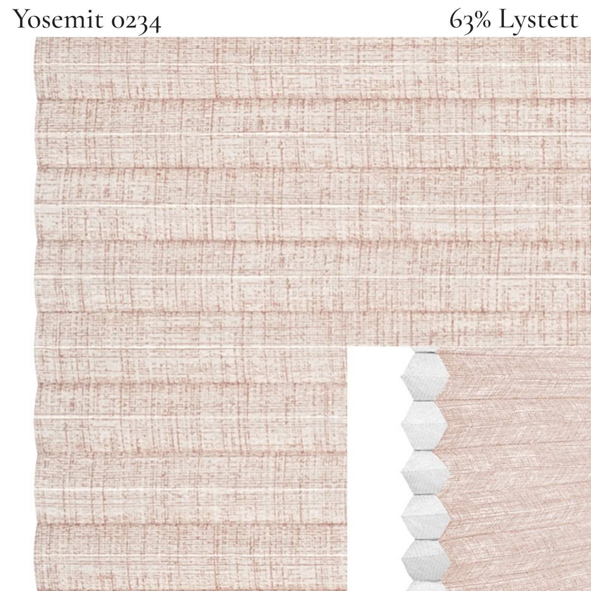 Yosemit 0234 plissegardin-tekstil — 63% Lystett Premium tekstil med behagelig struktur og et moderne, rolig preg i lyse rosa toner