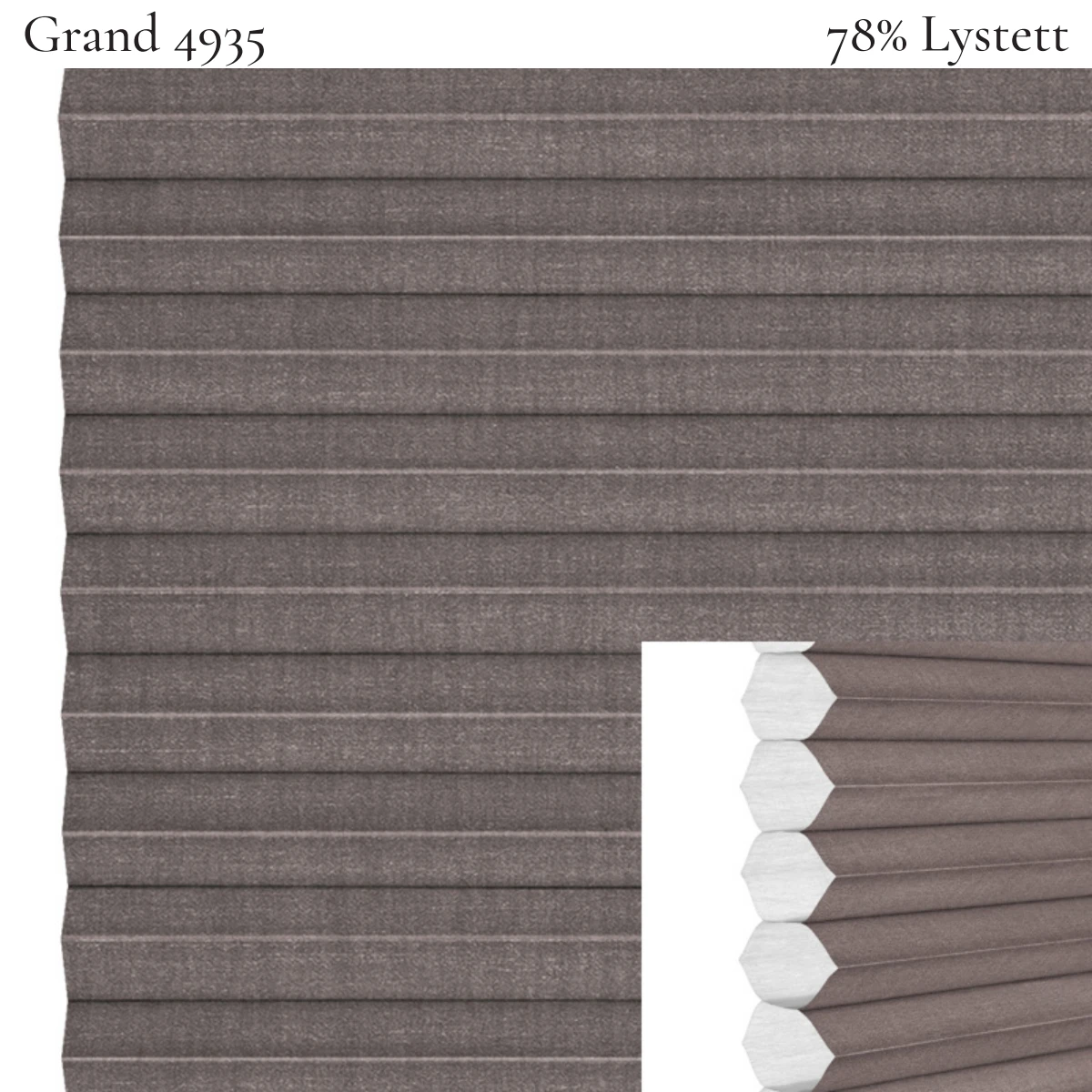 Grand 4935 plissegardin-tekstil — 78% Lystett Super eksklusivt tekstil med elegant struktur, flott mønster og levende lysspill i lyse grå toner