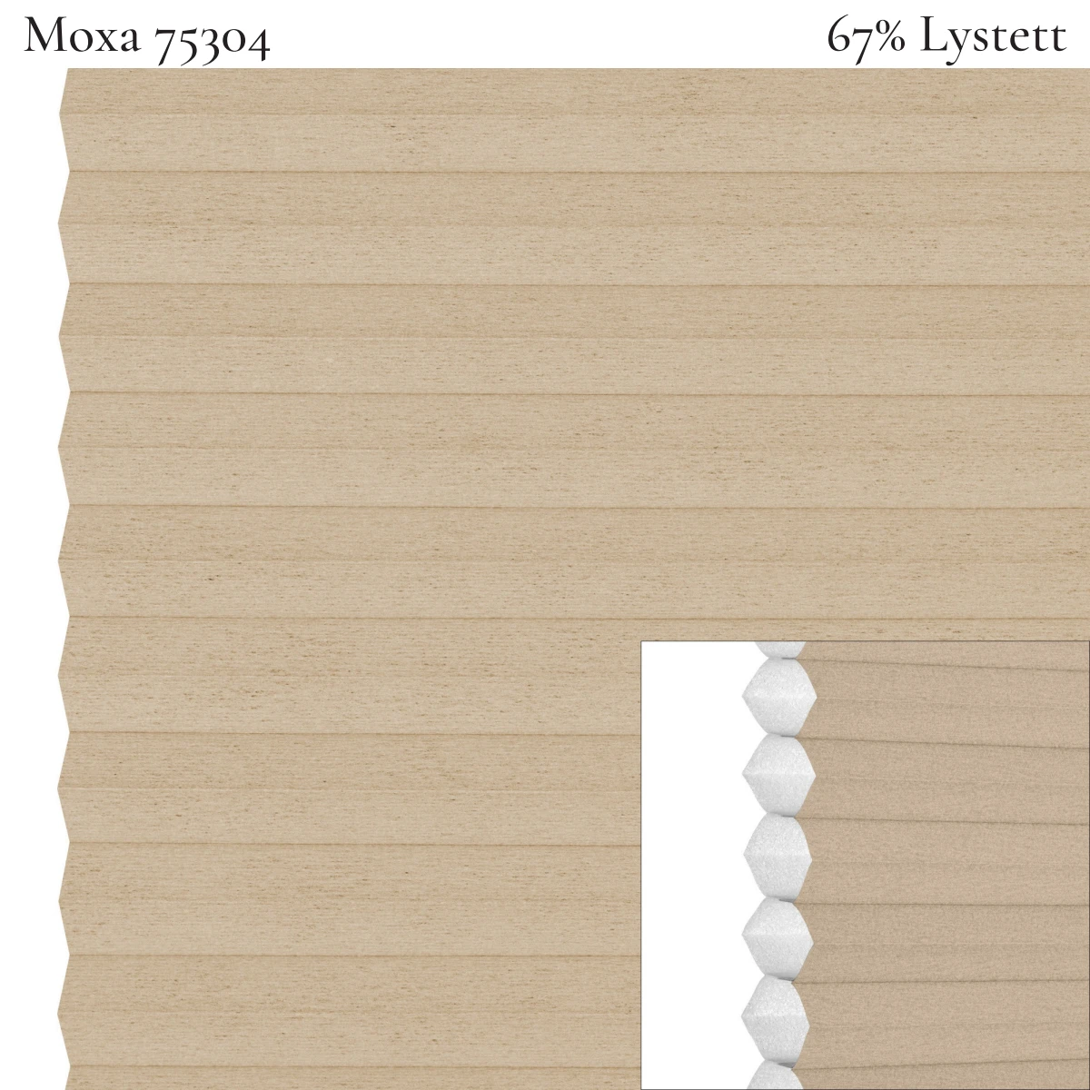 Moxa 75304 plissegardin-tekstil — 67% Lystett Prisgunstig tekstil med myk bomullsfølelse og et rolig uttrykk i sandbeige toner