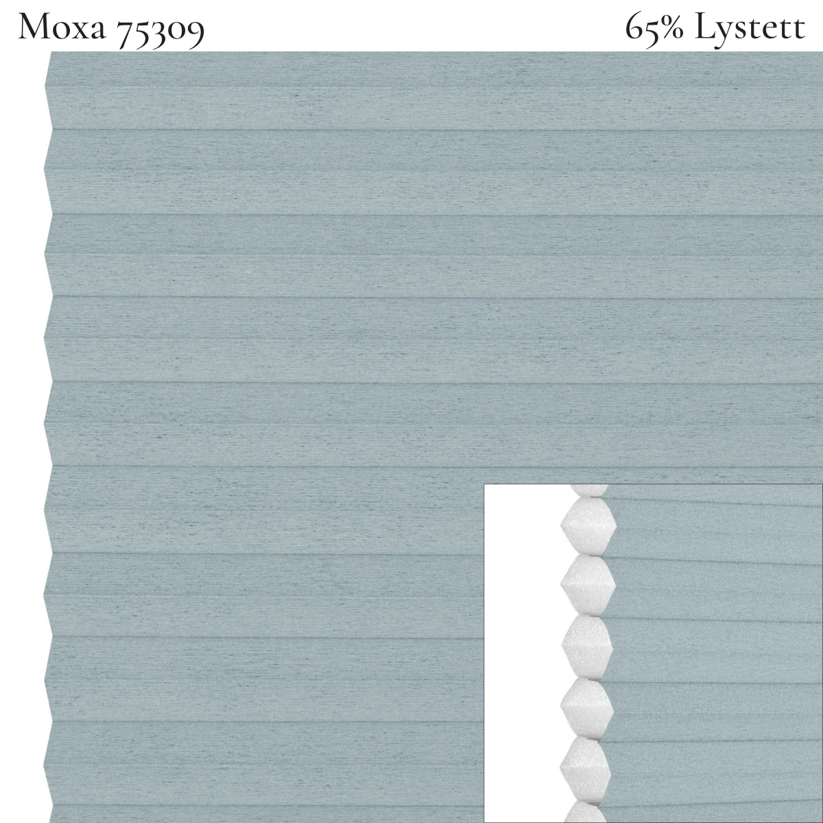 Moxa 75309 plissegardin-tekstil — 65% Lystett Prisgunstig tekstil med myk bomullsfølelse og et rolig uttrykk i lyse blågrå toner