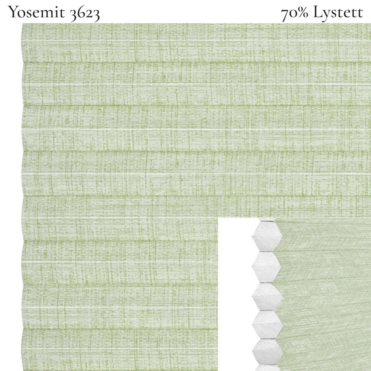 Yosemit 3623 plissegardin-tekstil — 70% Lystett Premium tekstil med behagelig struktur og et moderne, rolig preg i lyse grønne toner