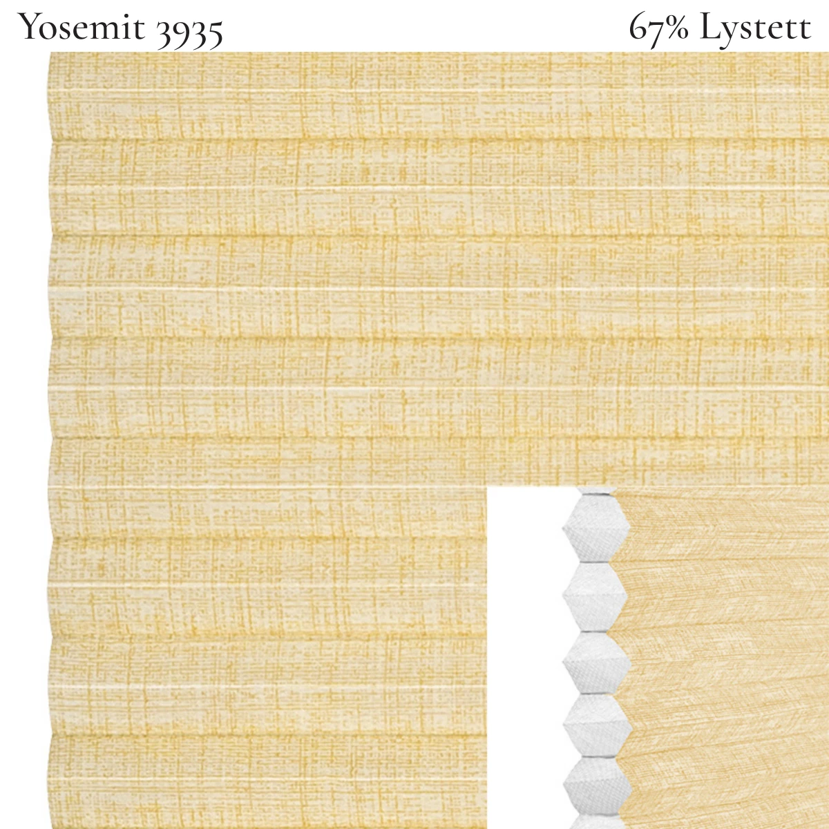 Yosemit 3935 plissegardin-tekstil — 67% Lystett Premium tekstil med behagelig struktur og et moderne, rolig preg i lyse gule toner