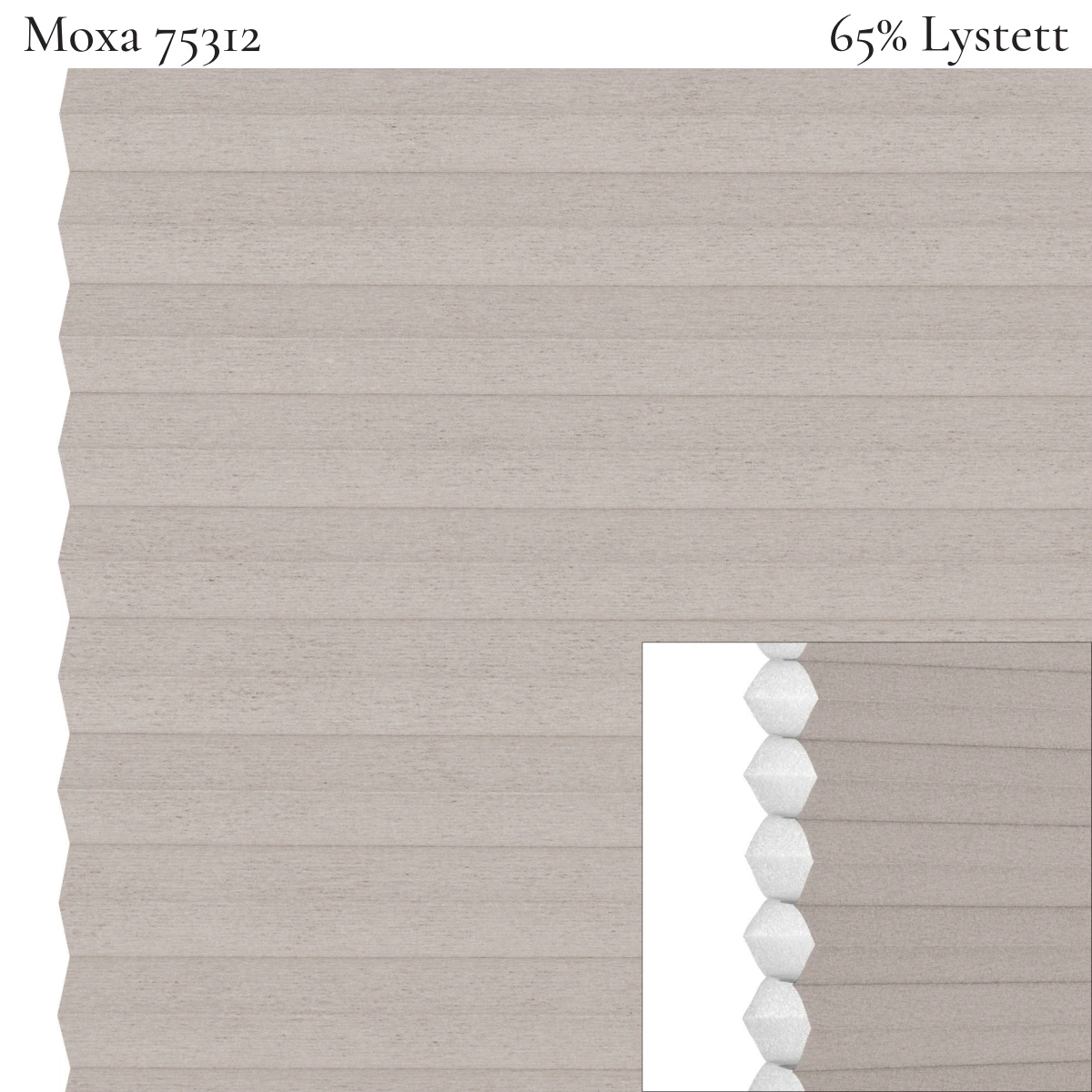 Moxa 75312 plissegardin-tekstil — 65% Lystett Prisgunstig tekstil med myk bomullsfølelse og et rolig uttrykk i lyse grå toner