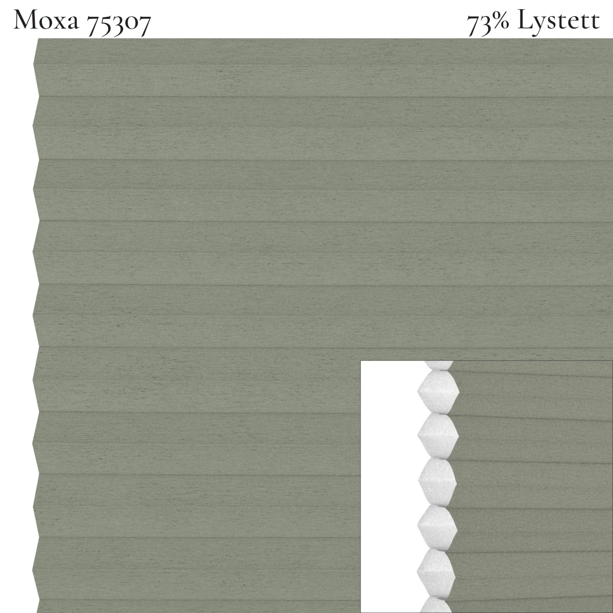 Moxa FullTone 75407 plissegardin-tekstil — 73% Lystett Prisgunstig gjennomfarget tekstil med myk bomullsfølelse i grønngrå toner, samme farge på begge sider gir et helhetlig uttrykk sett utenfra