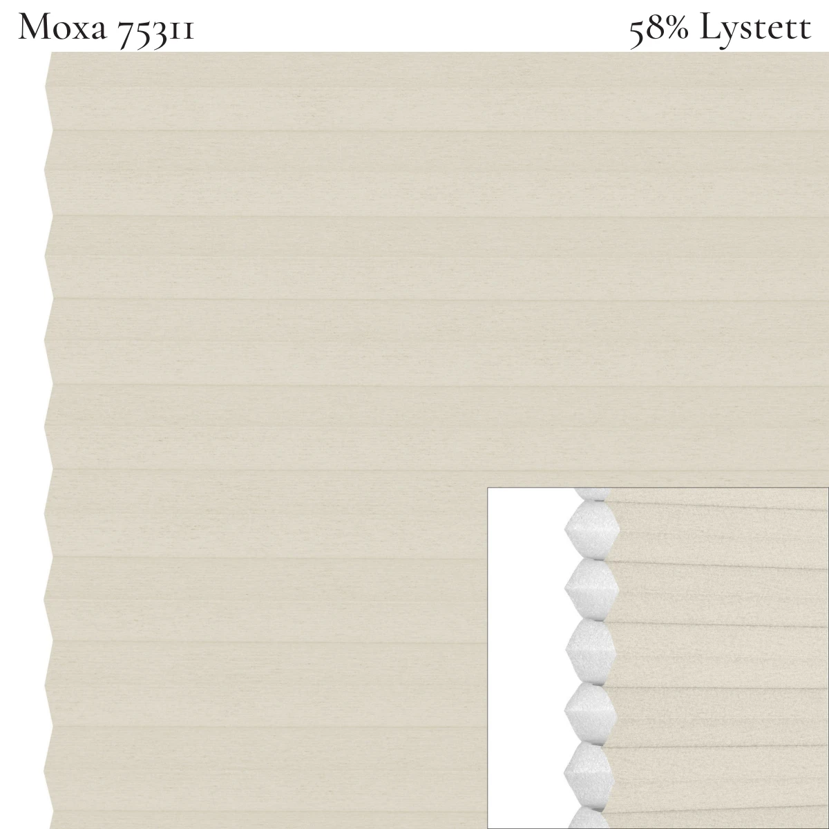 Moxa FullTone 75411 plissegardin-tekstil — 58% Lystett Prisgunstig gjennomfarget tekstil med myk bomullsfølelse i kremhvite toner, like pen fra utsiden som fra innsiden