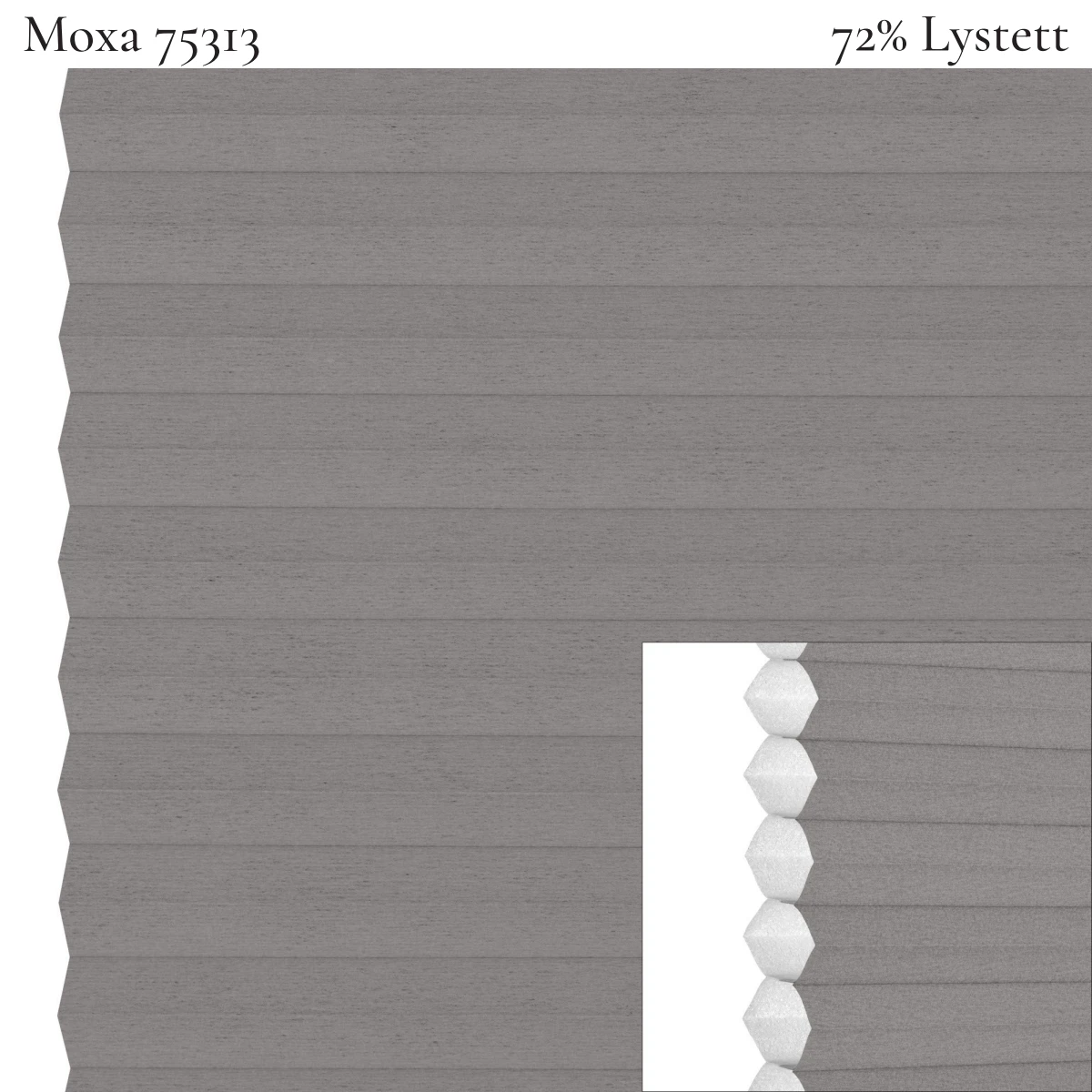 Moxa FullTone 75413 plissegardin-tekstil — 72% Lystett Prisgunstig gjennomfarget tekstil med myk bomullsfølelse i mellomgrå toner, beholder den grå fargen også sett fra utsiden