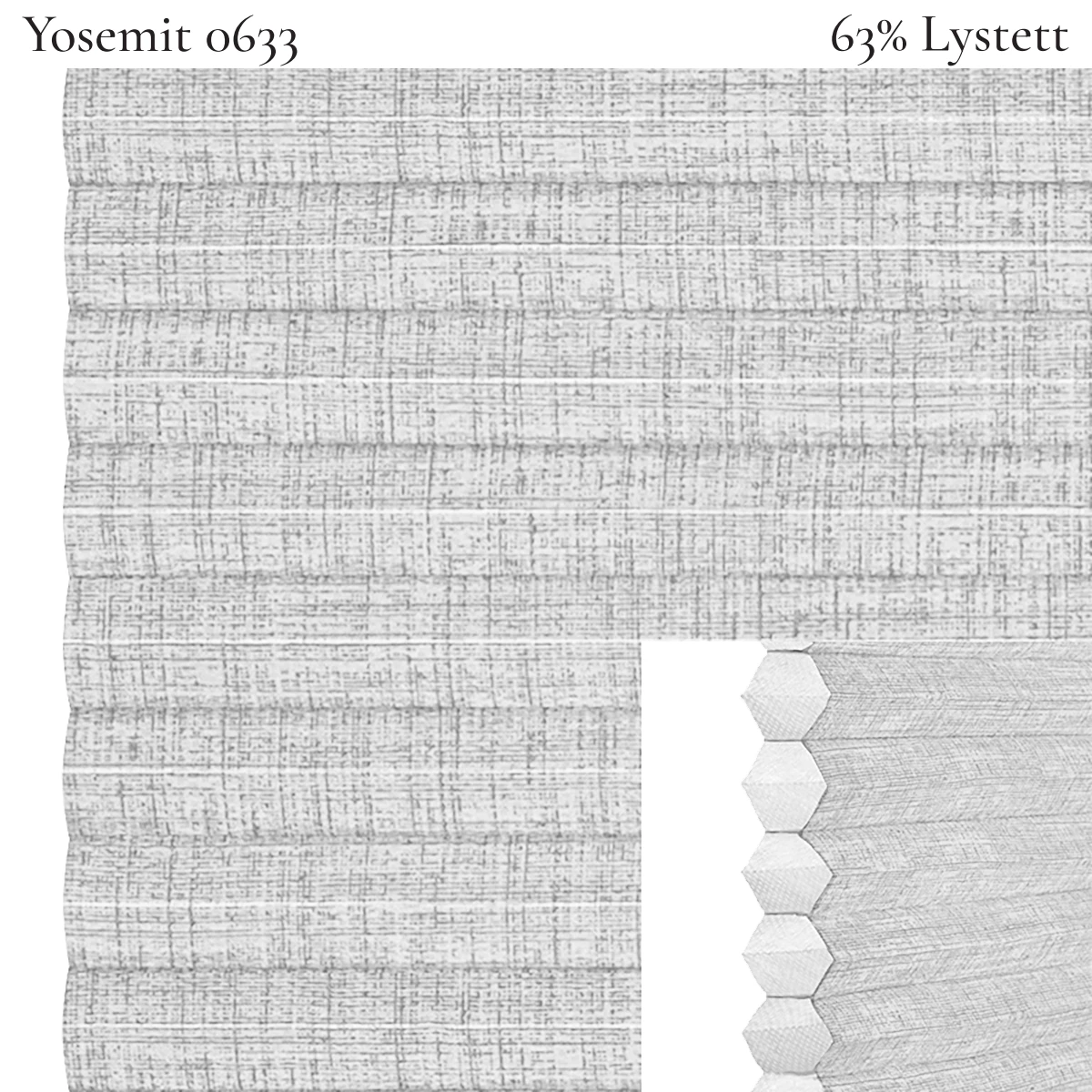 Yosemit 0633 plissegardin-tekstil — 63% Lystett Premium tekstil med behagelig struktur og et moderne, rolig preg i lyse grå toner