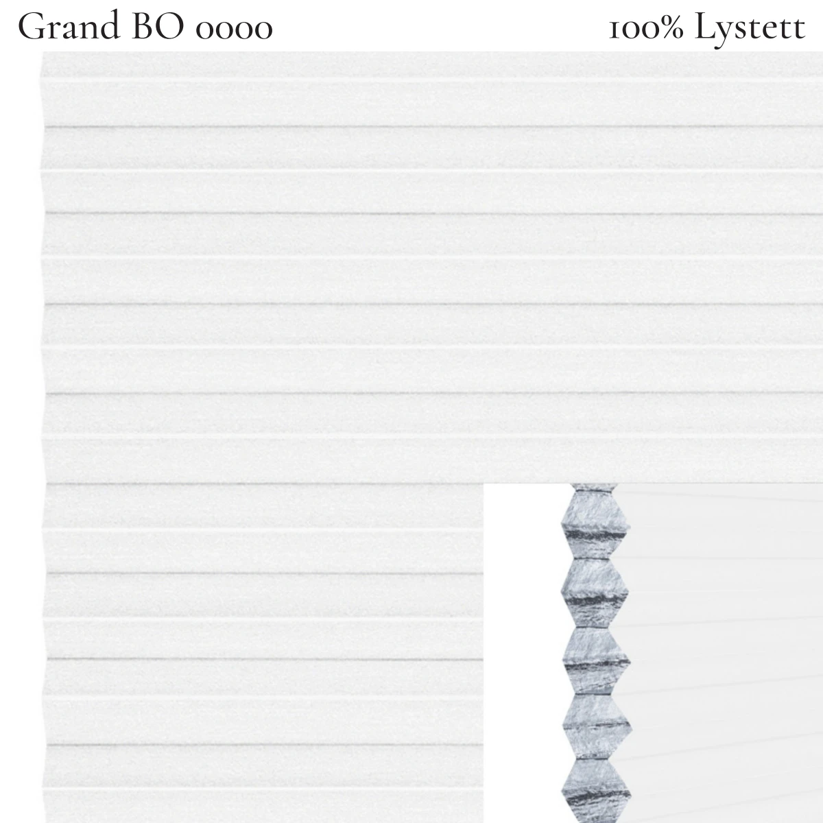Grand BO 0000 plissegardin-tekstil — 100% Lystett Super eksklusivt tekstil med elegant struktur, flott mønster og levende lysspill i snøhvite toner