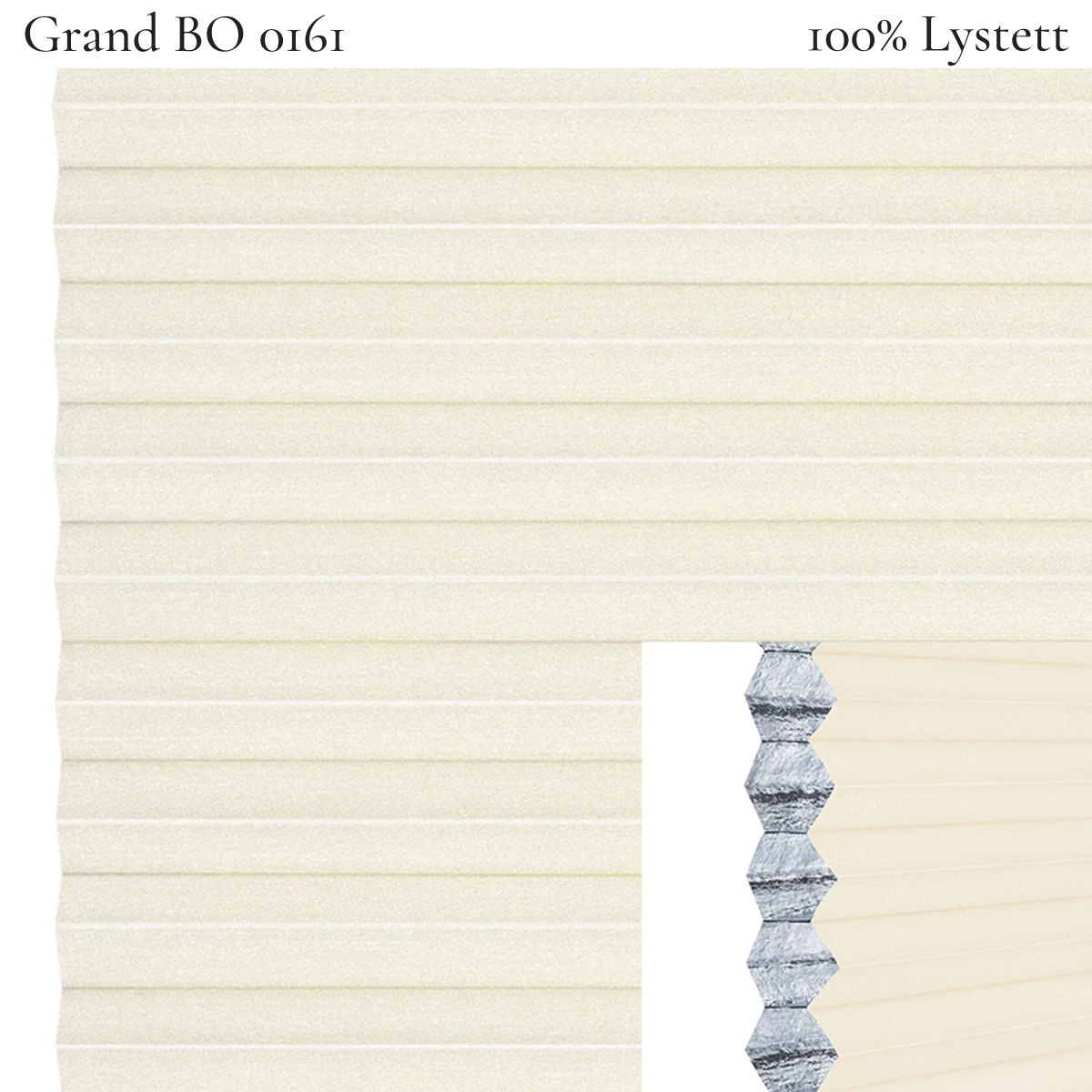 Grand BO 0161 plissegardin-tekstil — 100% Lystett Super eksklusivt tekstil med elegant struktur, flott mønster og levende lysspill i lyse beige toner