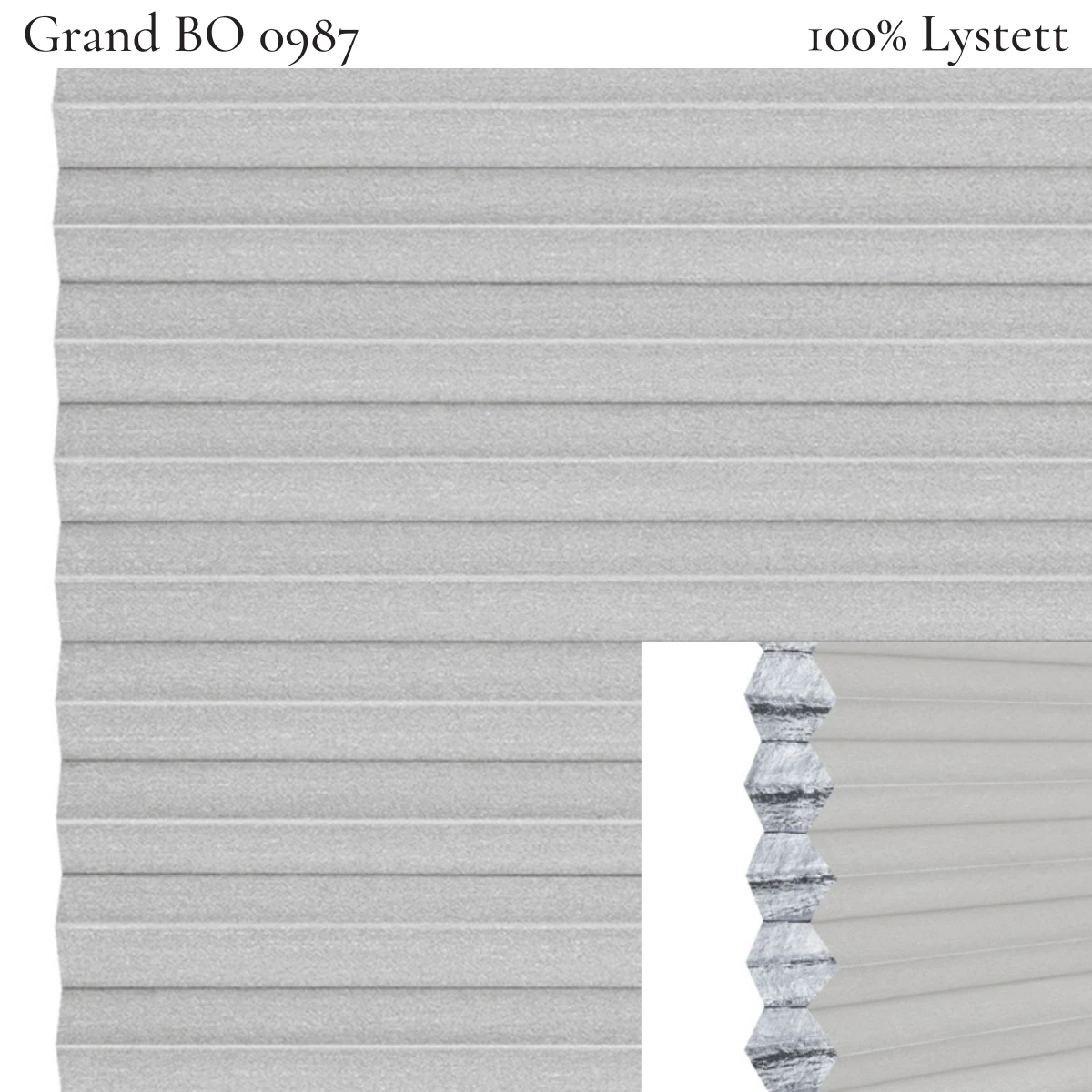 Grand BO 0987 plissegardin-tekstil — 100% Lystett Super eksklusivt tekstil med elegant struktur, flott mønster og levende lysspill i varme gråbrune toner