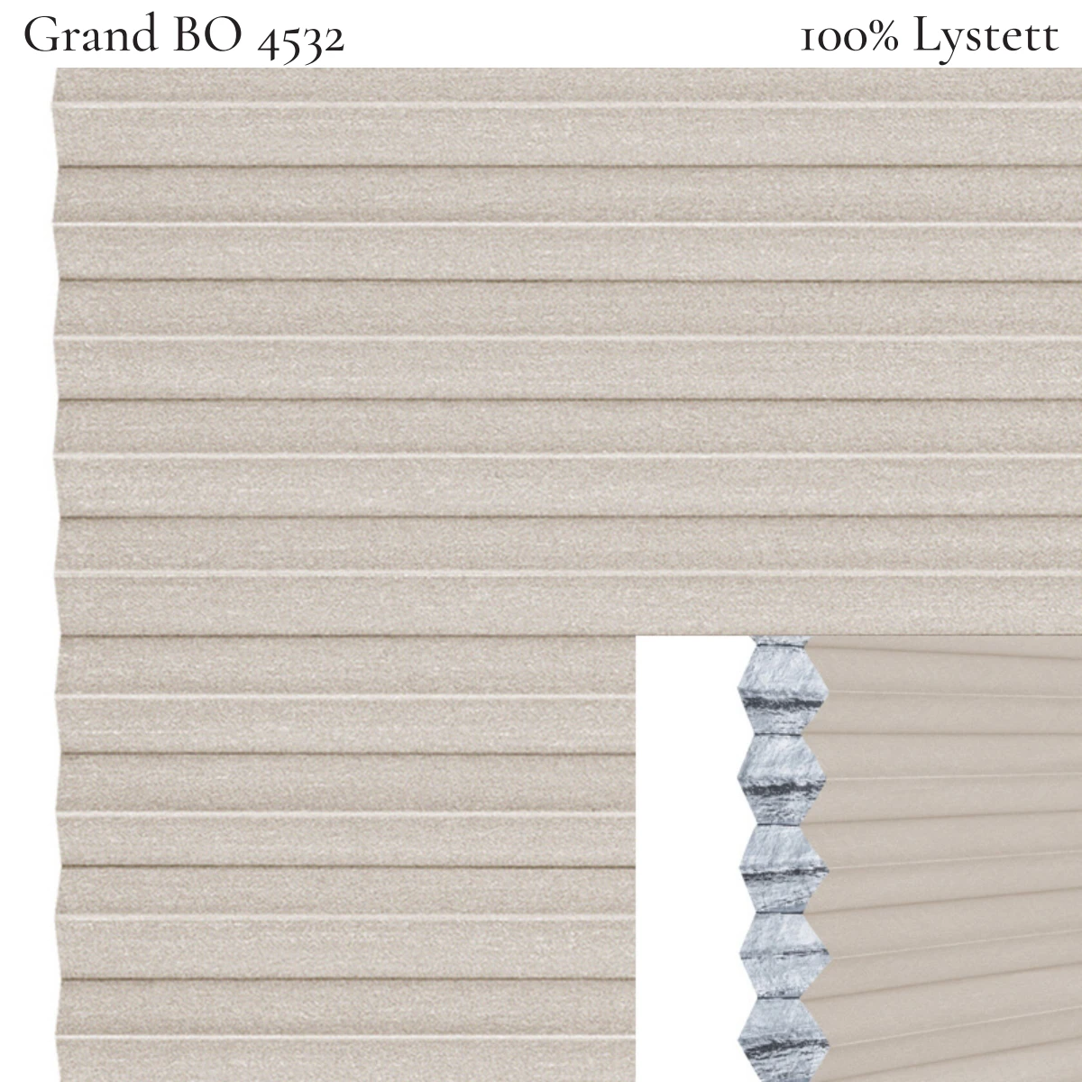 Grand BO 4532 plissegardin-tekstil — 100% Lystett Super eksklusivt tekstil med elegant struktur, flott mønster og levende lysspill i kaldgrå toner