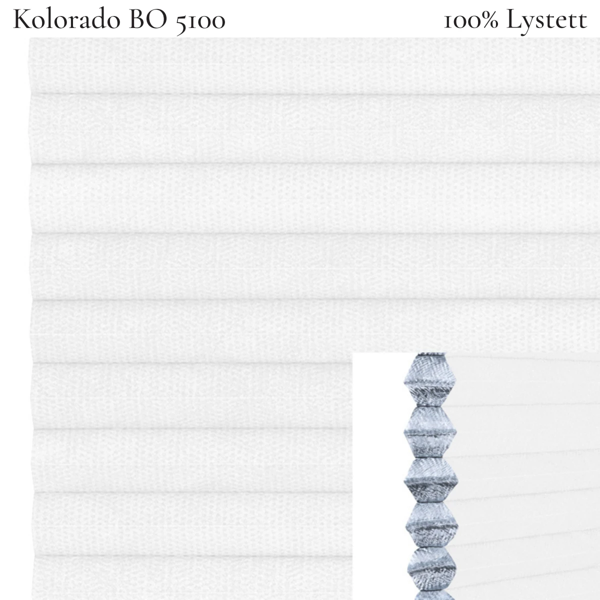 Kolorado BO 5100 plissegardin-tekstil — 100% Lystett Prisgunstig lystett tekstil med fin bomullsfølelse i snøhvit — et klassisk og rent uttrykk