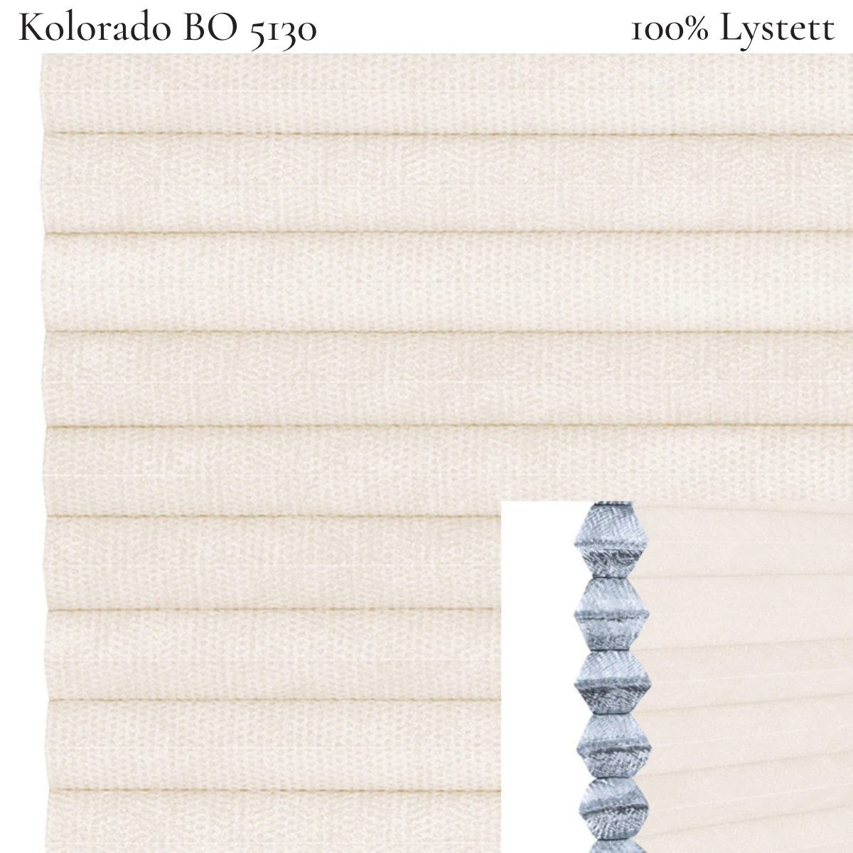 Kolorado BO 5130 plissegardin-tekstil — 100% Lystett Prisgunstig tekstil med fin bomullsfølelse og et rent uttrykk i lyse beige toner