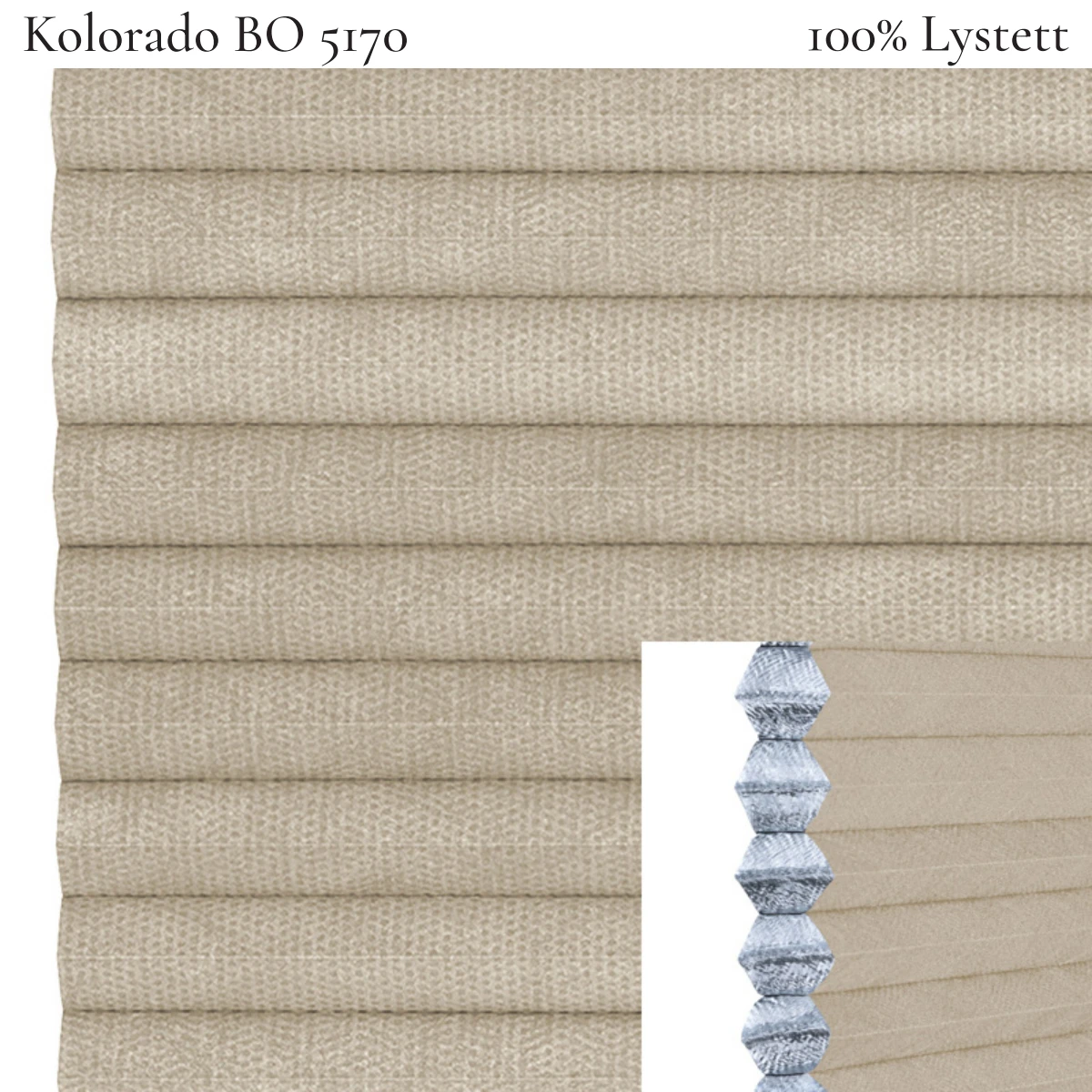 Kolorado BO 5170 plissegardin-tekstil — 100% Lystett Prisgunstig tekstil med fin bomullsfølelse og et rent uttrykk i sandbeige toner