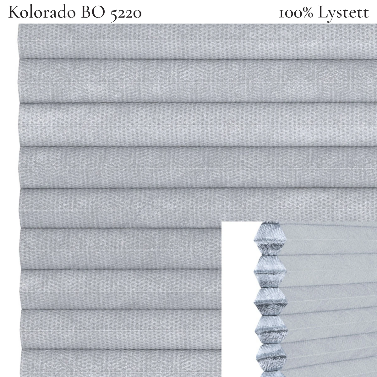 Kolorado BO 5220 plissegardin-tekstil — 100% Lystett Prisgunstig tekstil med fin bomullsfølelse og et rent uttrykk i lyse grå toner