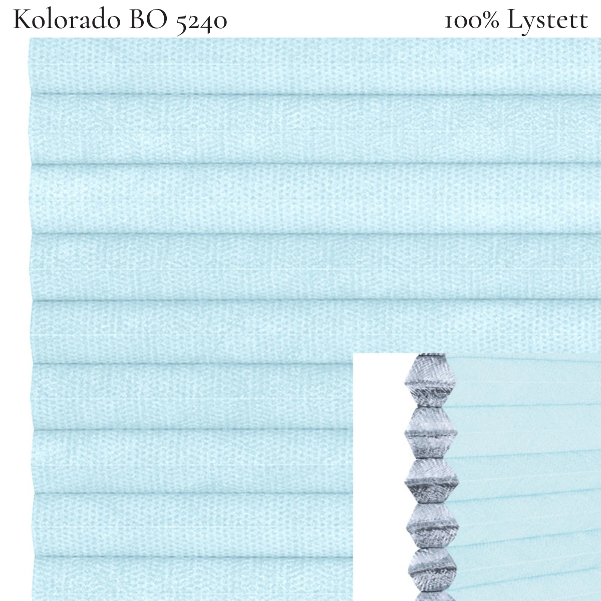 Kolorado BO 5240 plissegardin-tekstil — 100% Lystett Prisgunstig tekstil med fin bomullsfølelse og et rent uttrykk i lyse blå toner