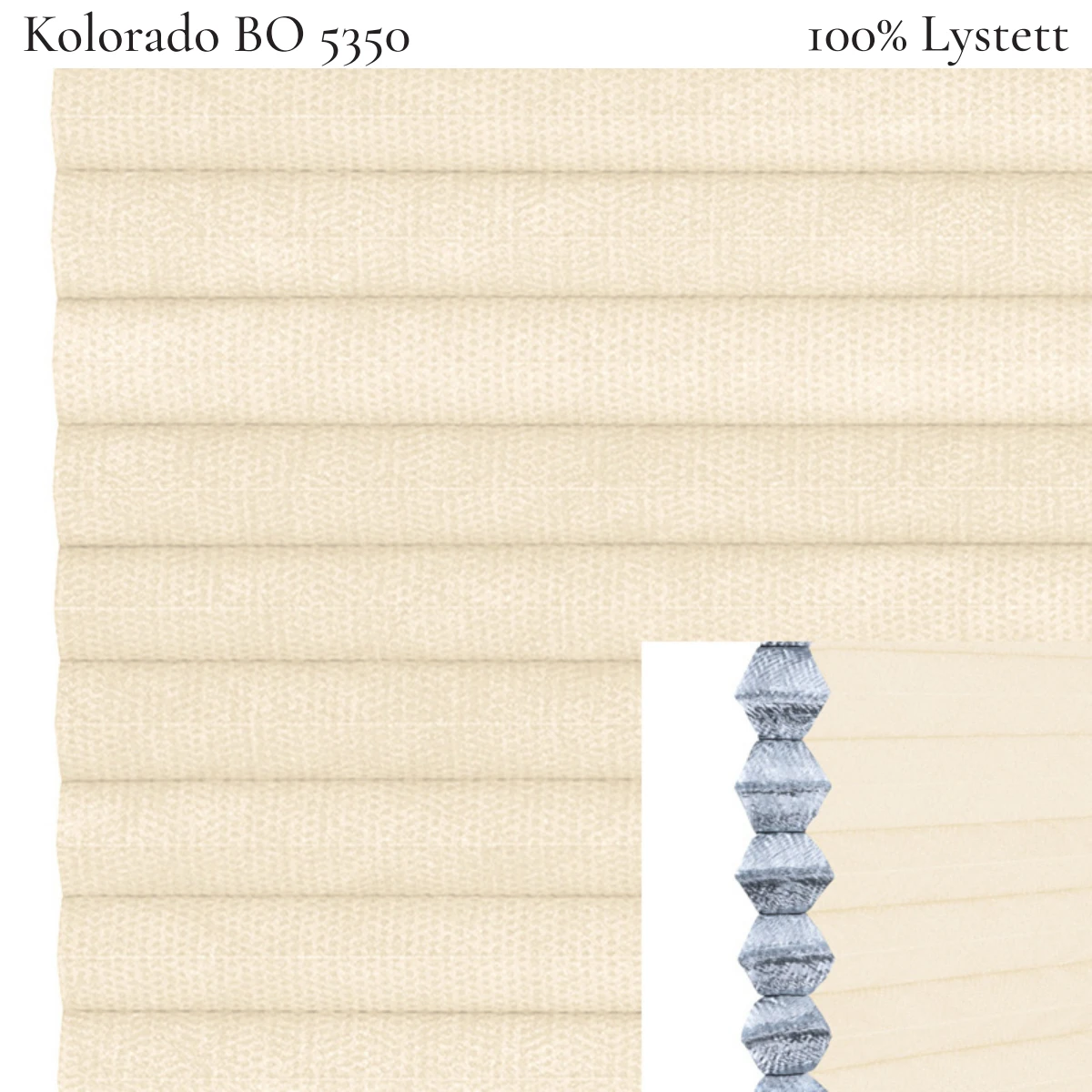 Kolorado BO 5350 plissegardin-tekstil — 100% Lystett Prisgunstig tekstil med fin bomullsfølelse og et rent uttrykk i kremhvite toner