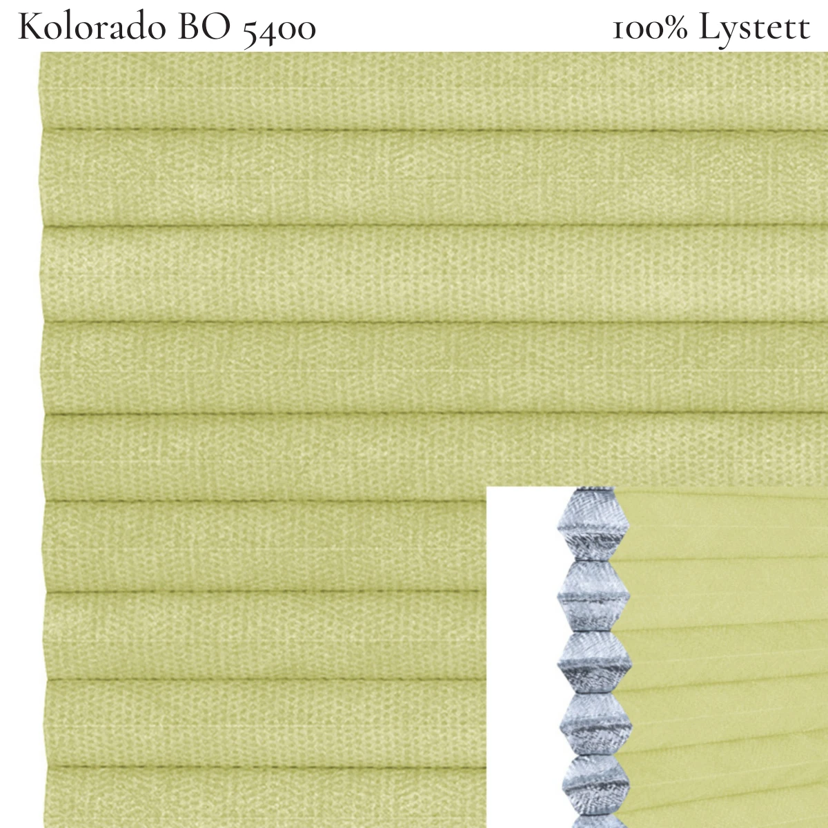 Kolorado BO 5400 plissegardin-tekstil — 100% Lystett Prisgunstig tekstil med fin bomullsfølelse og et rent uttrykk i lyst grønnlige toner