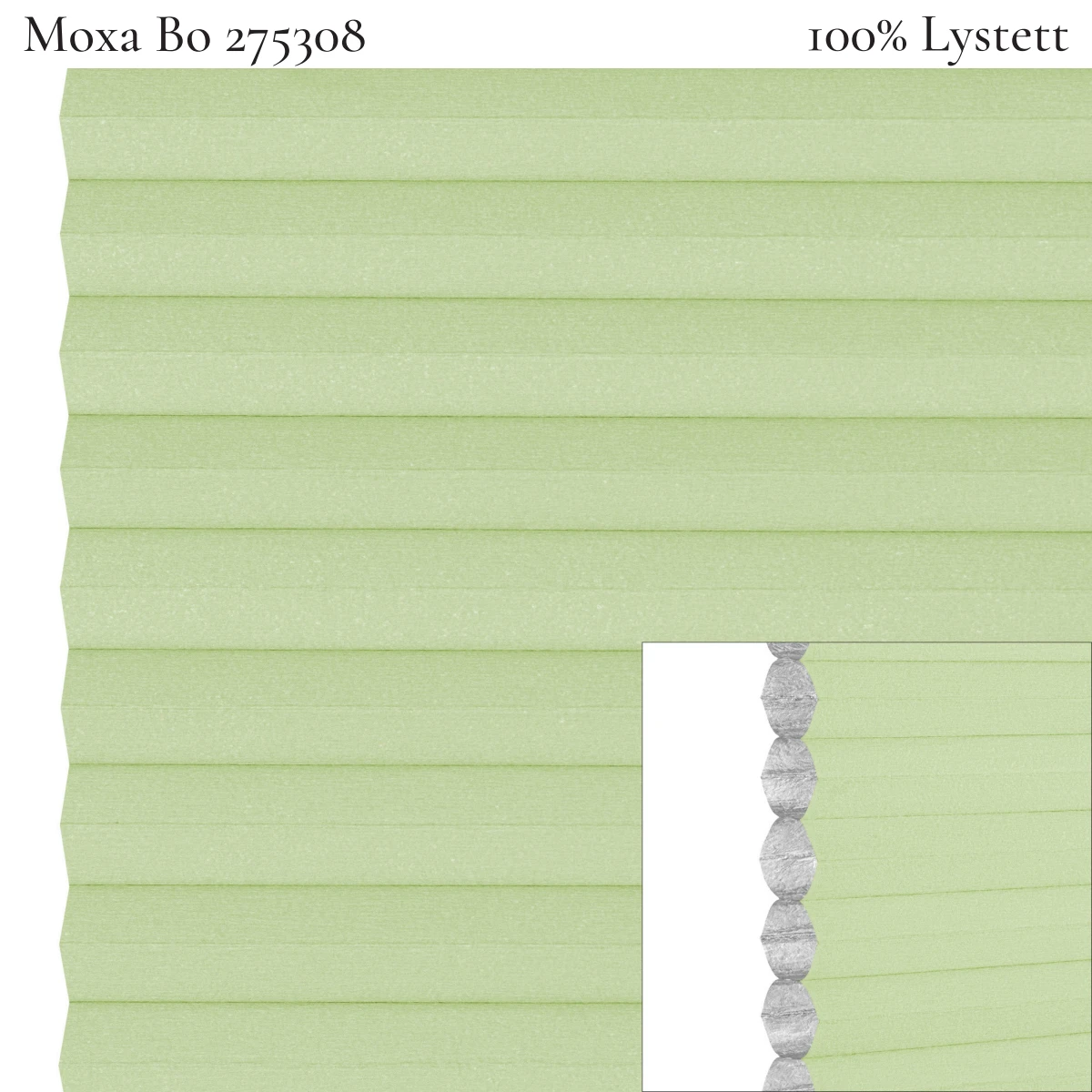 Moxa Bo 275308 plissegardin-tekstil — 100% Lystett Prisgunstig tekstil med myk bomullsfølelse og et rolig uttrykk i lyse grønne toner
