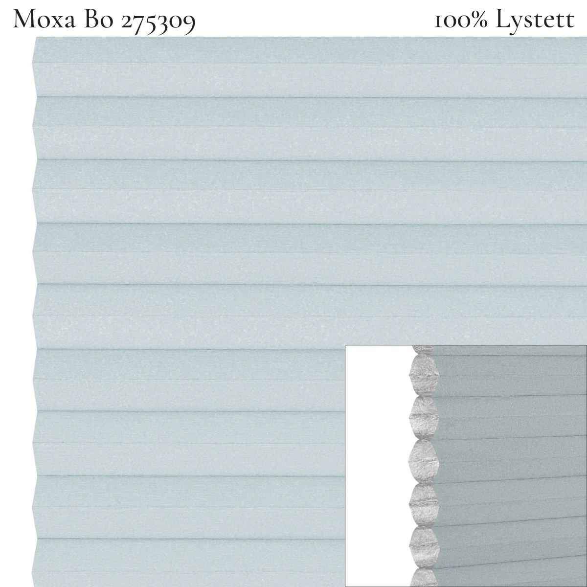 Moxa Bo 275309 plissegardin-tekstil — 100% Lystett Prisgunstig tekstil med myk bomullsfølelse og et rolig uttrykk i lyse blågrå toner