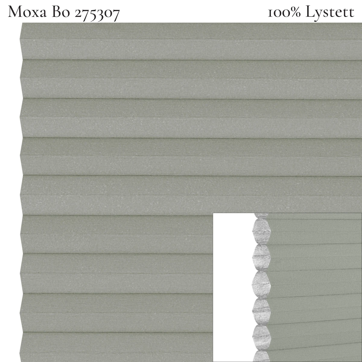 Moxa FullTone Bo 275407 plissegardin-tekstil — 100% Lystett Gjennomfarget og 100 % lystett tekstil i grønngrå toner, kombinerer full mørklegging med lik farge på begge sider