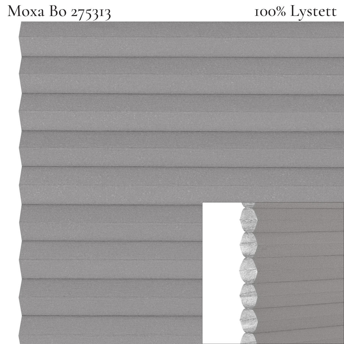 Moxa FullTone Bo 275413 plissegardin-tekstil — 100% Lystett Gjennomfarget og 100 % lystett tekstil i mellomgrå toner, full mørklegging og samme grå tone sett både inne og ute