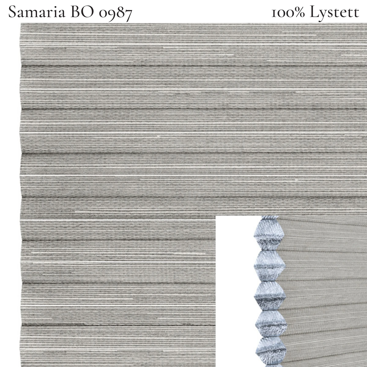 Samaria BO 0987 plissegardin-tekstil — 100% Lystett Premium tekstil med myk struktur og et rolig, elegant uttrykk i lyse grå toner