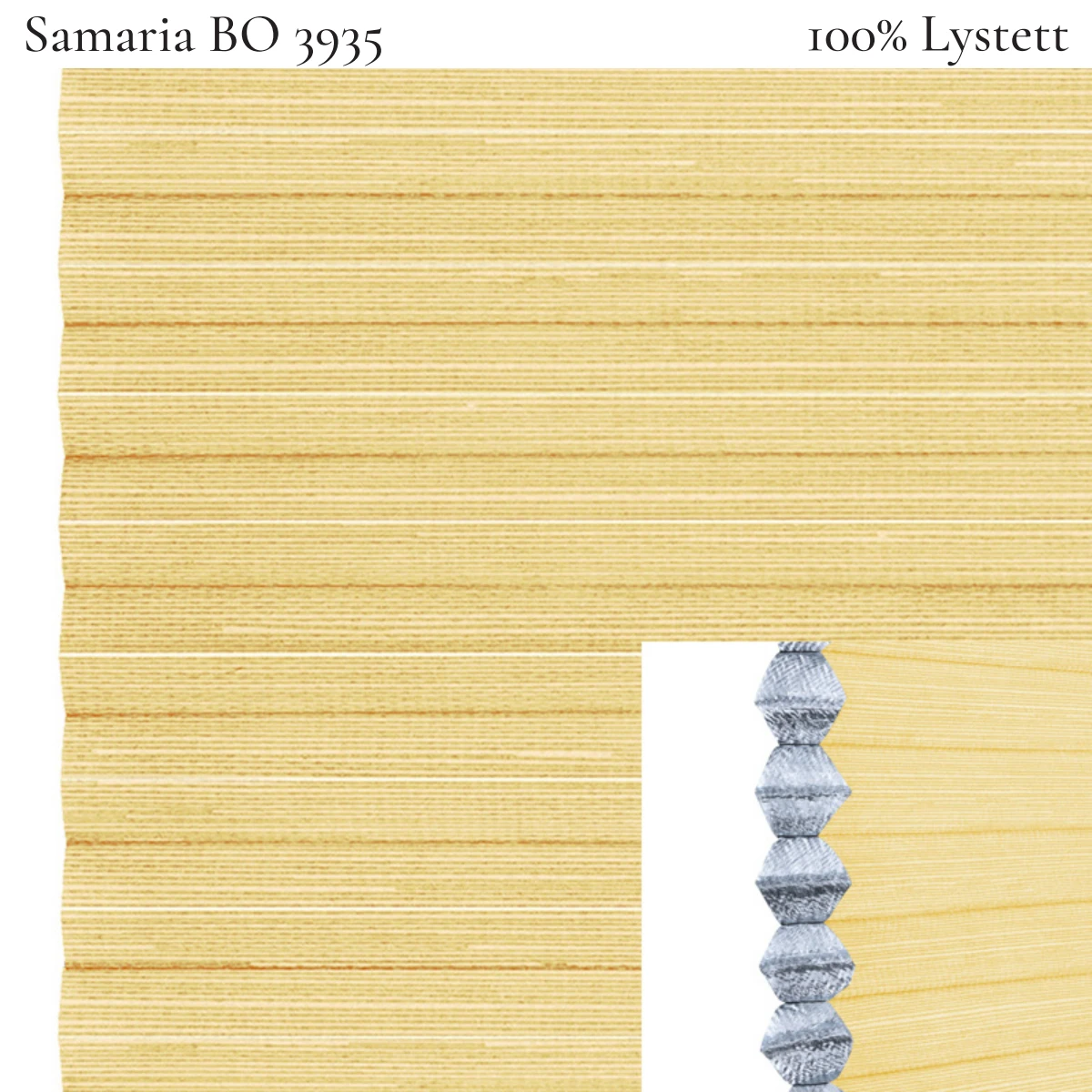 Samaria BO 3935 plissegardin-tekstil — 100% Lystett Premium tekstil med myk struktur og et rolig, elegant uttrykk i lyse gule toner