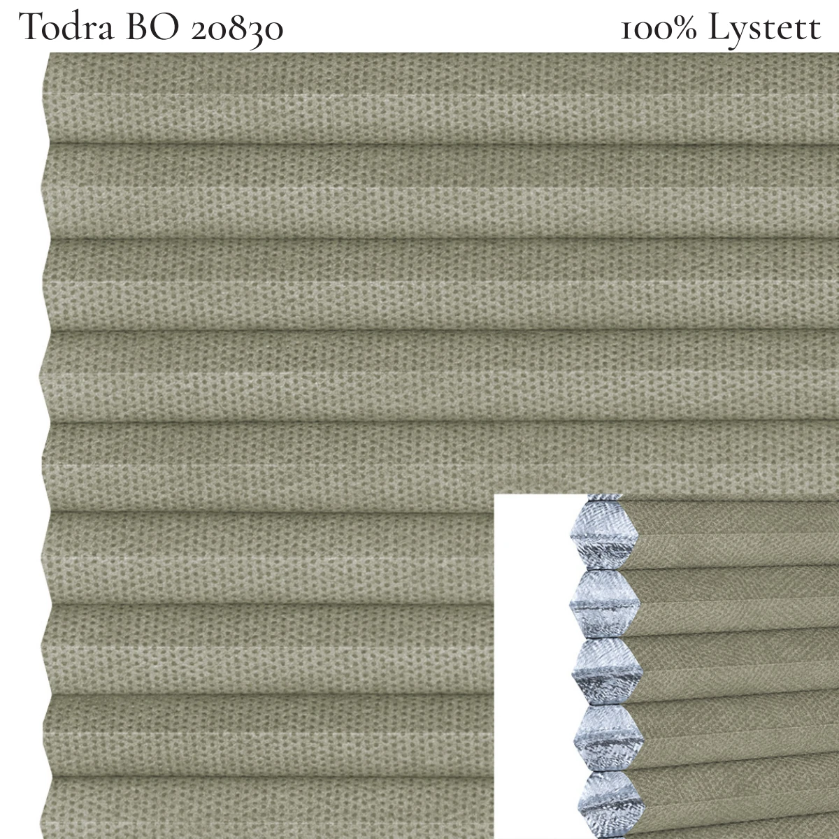 Todra BO 20830 plissegardin-tekstil — 100% Lystett Prisgunstig tekstil med behagelig bomullsfølelse og et enkelt, stilrent uttrykk i grønngrå toner