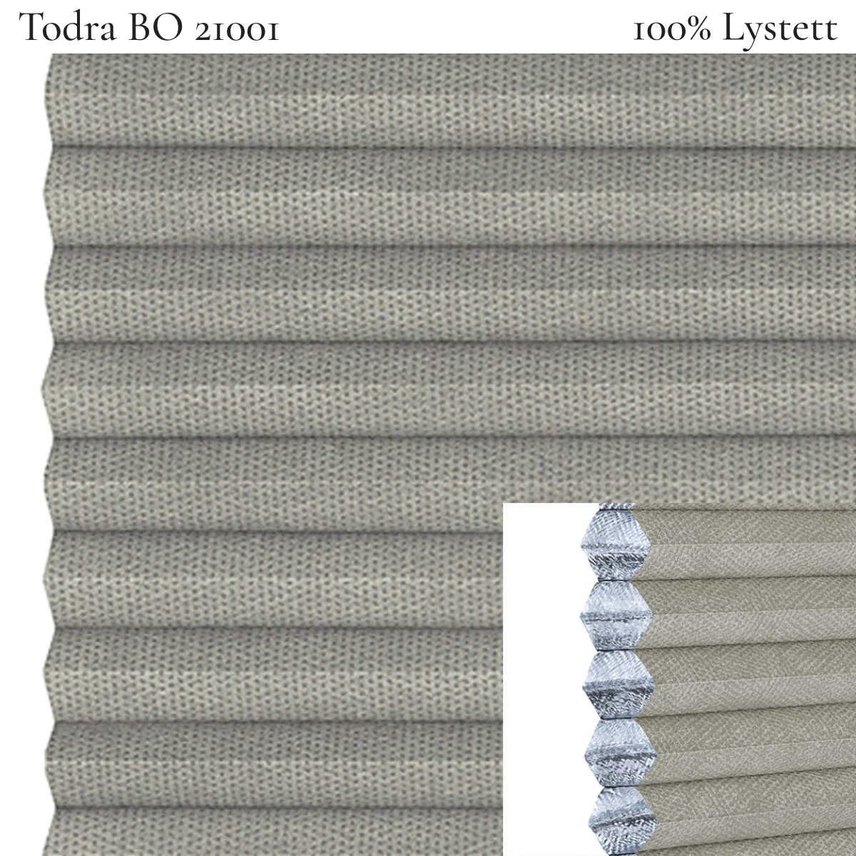 Todra BO 21001 plissegardin-tekstil — 100% Lystett Prisgunstig tekstil med behagelig bomullsfølelse og et enkelt, stilrent uttrykk i lyse grå toner
