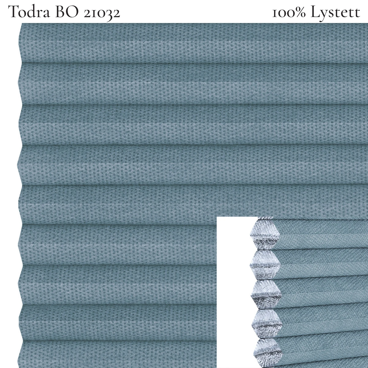 Todra BO 21032 plissegardin-tekstil — 100% Lystett Prisgunstig tekstil med behagelig bomullsfølelse og et enkelt, stilrent uttrykk i blågrå toner