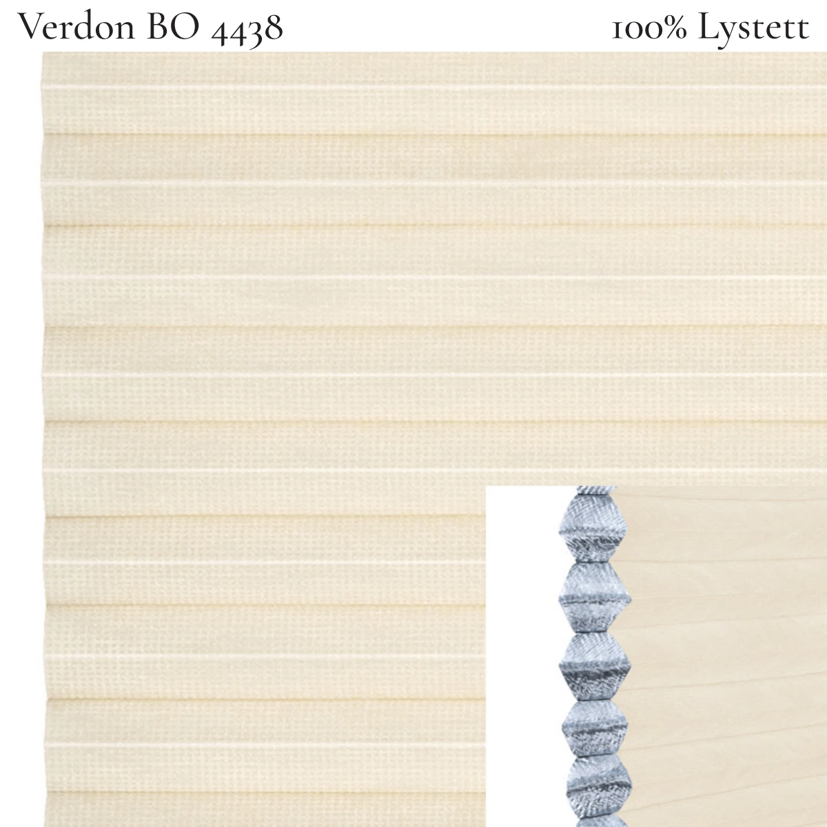Verdon BO 4438 plissegardin-tekstil — 100% Lystett Super eksklusivt tekstil med svært elegant overflate og et rolig, diskré uttrykk i lyse beige toner