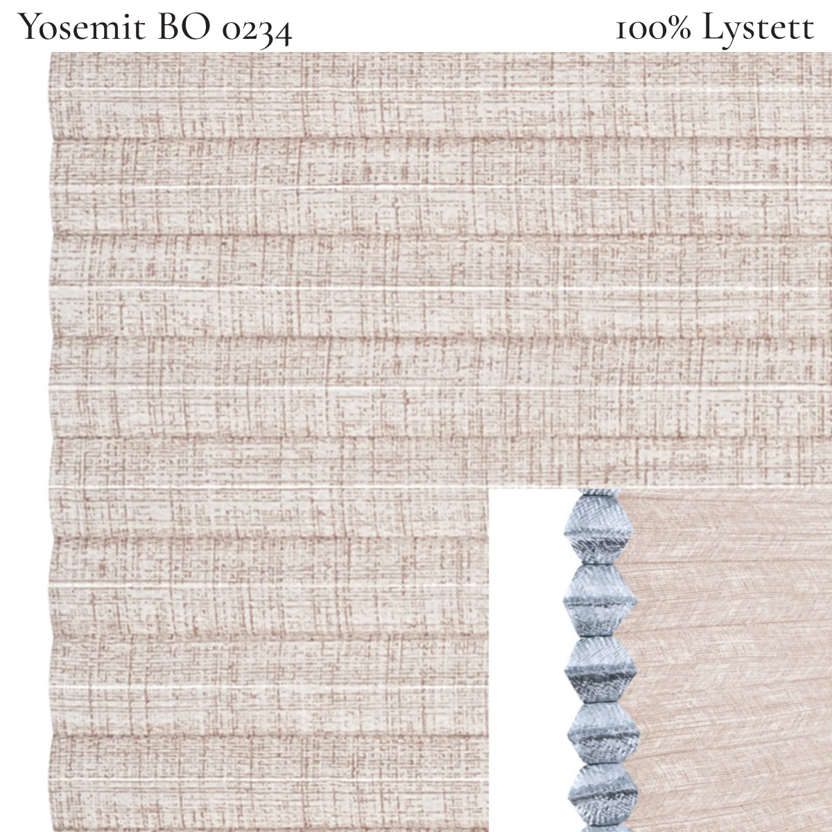 Yosemit BO 0234 plissegardin-tekstil — 100% Lystett Premium tekstil med behagelig struktur og et moderne, rolig preg i lyse rosa toner