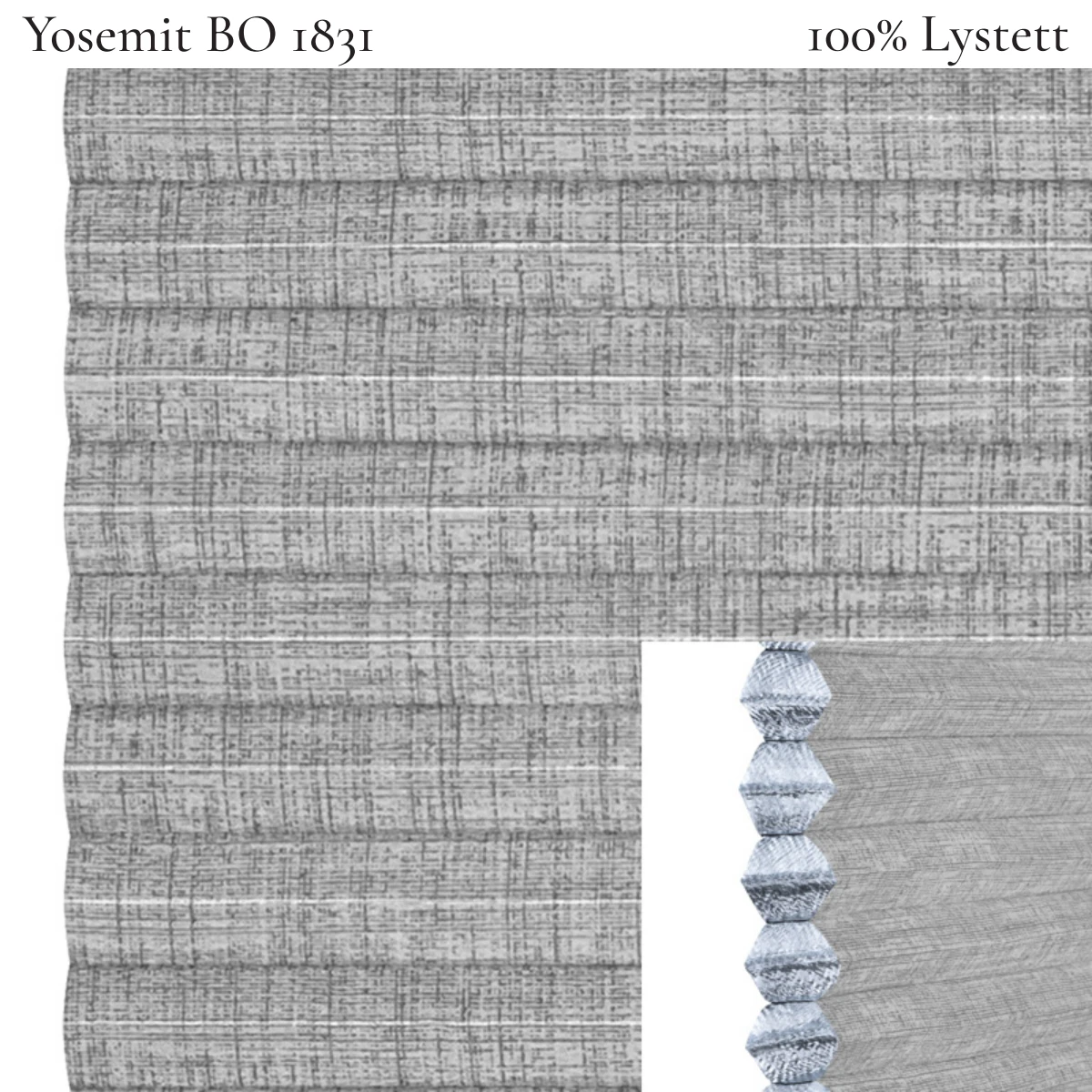 Yosemit BO 1831 plissegardin-tekstil — 100% Lystett Premium tekstil med behagelig struktur og et moderne, rolig preg i mellomgrå toner