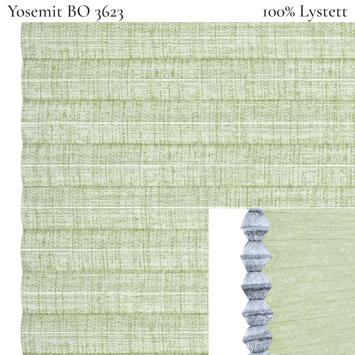 Yosemit BO 3623 plissegardin-tekstil — 100% Lystett Premium tekstil med behagelig struktur og et moderne, rolig preg i lyse grønne toner