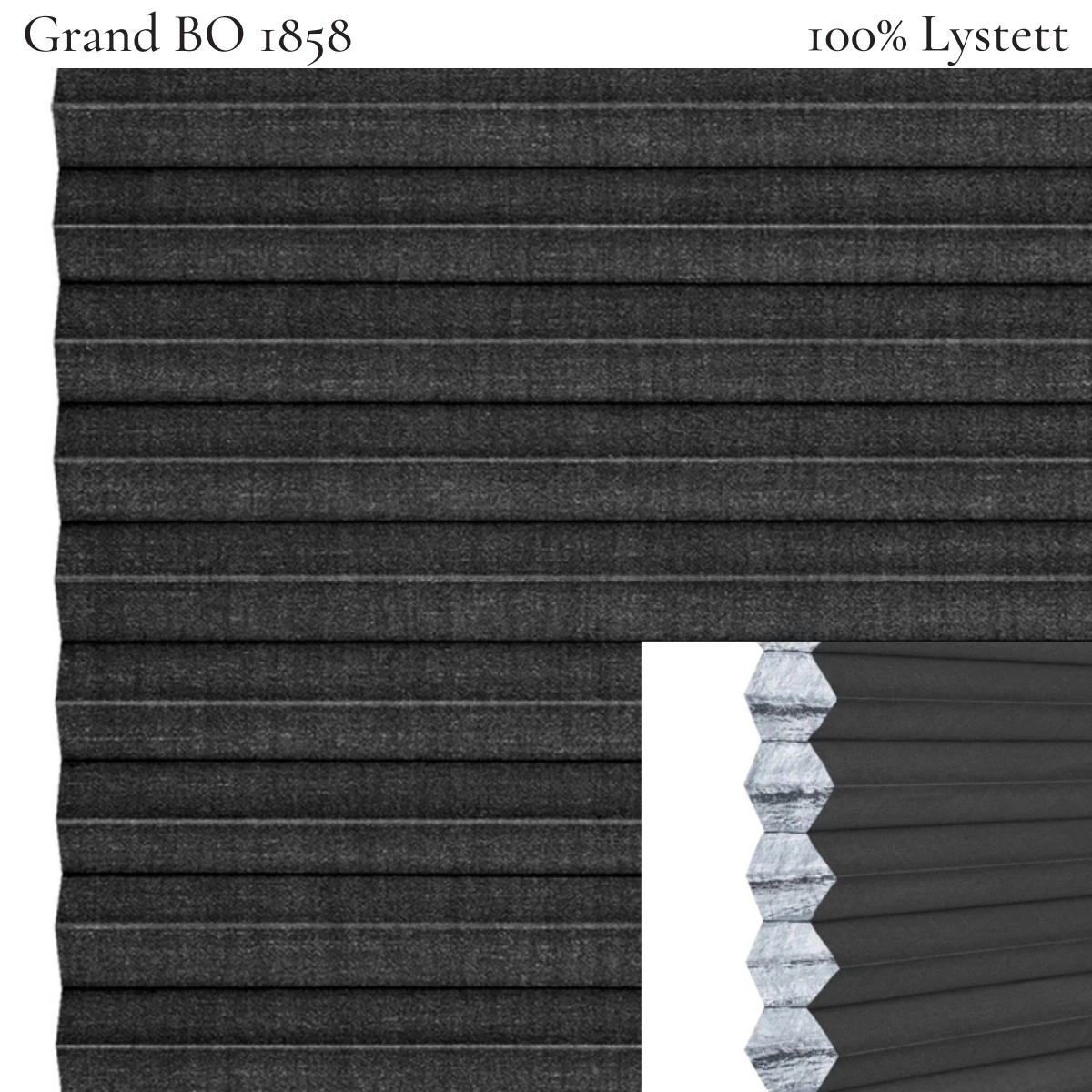 Grand BO 1858 plissegardin-tekstil — 100% Lystett Super eksklusivt tekstil med elegant struktur, flott mønster og levende lysspill i grå toner