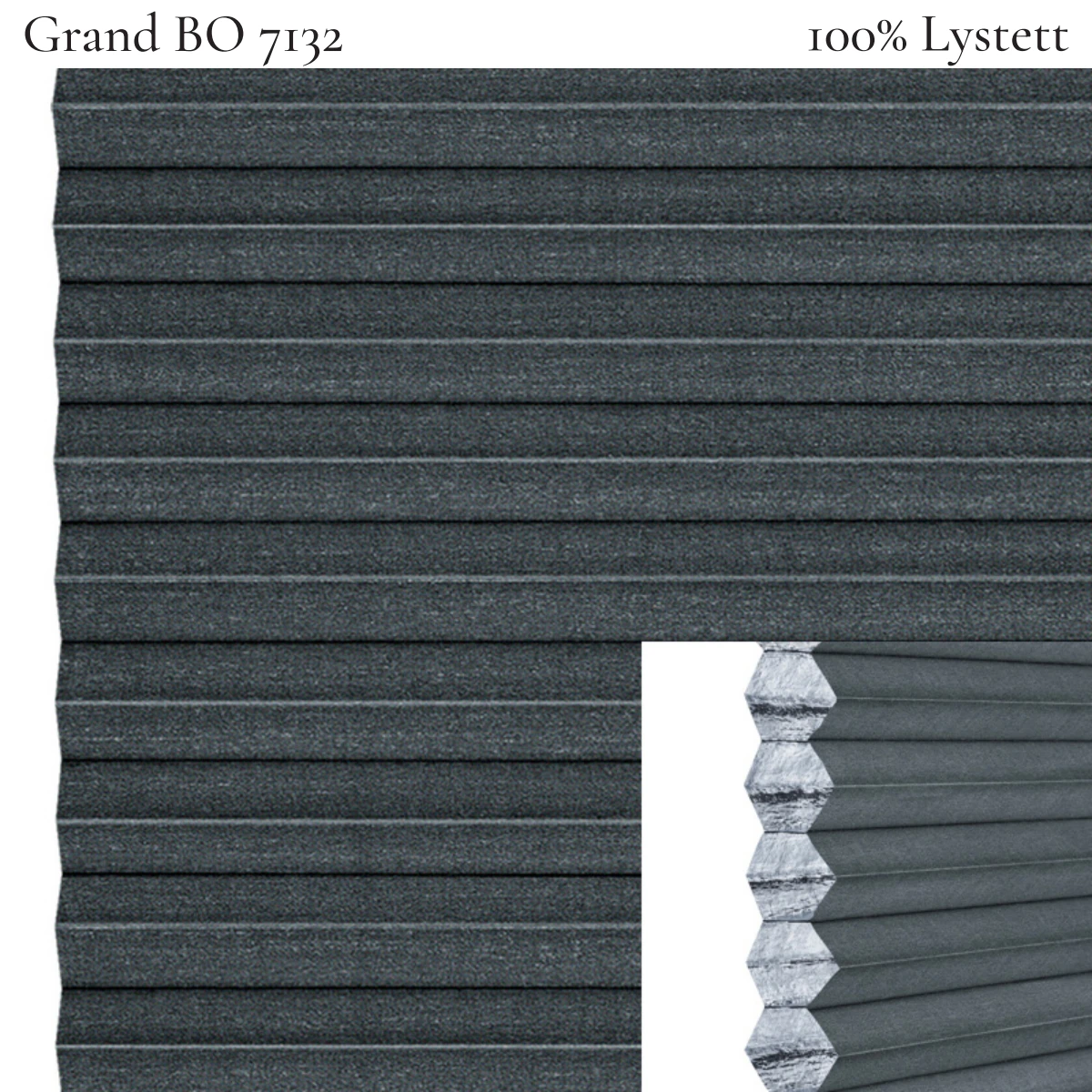 Grand BO 7132 plissegardin-tekstil — 100% Lystett Super eksklusivt tekstil med elegant struktur, flott mønster og levende lysspill i mørke grå toner