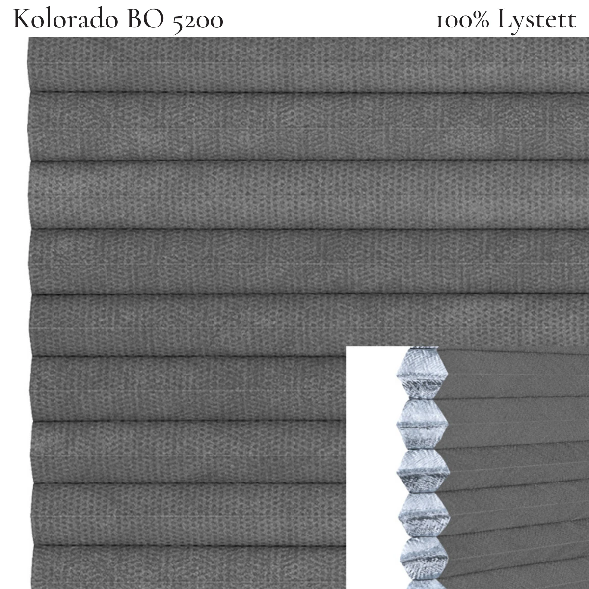 Kolorado BO 5200 plissegardin-tekstil — 100% Lystett Prisgunstig tekstil med fin bomullsfølelse og et rent uttrykk i mørke grå toner