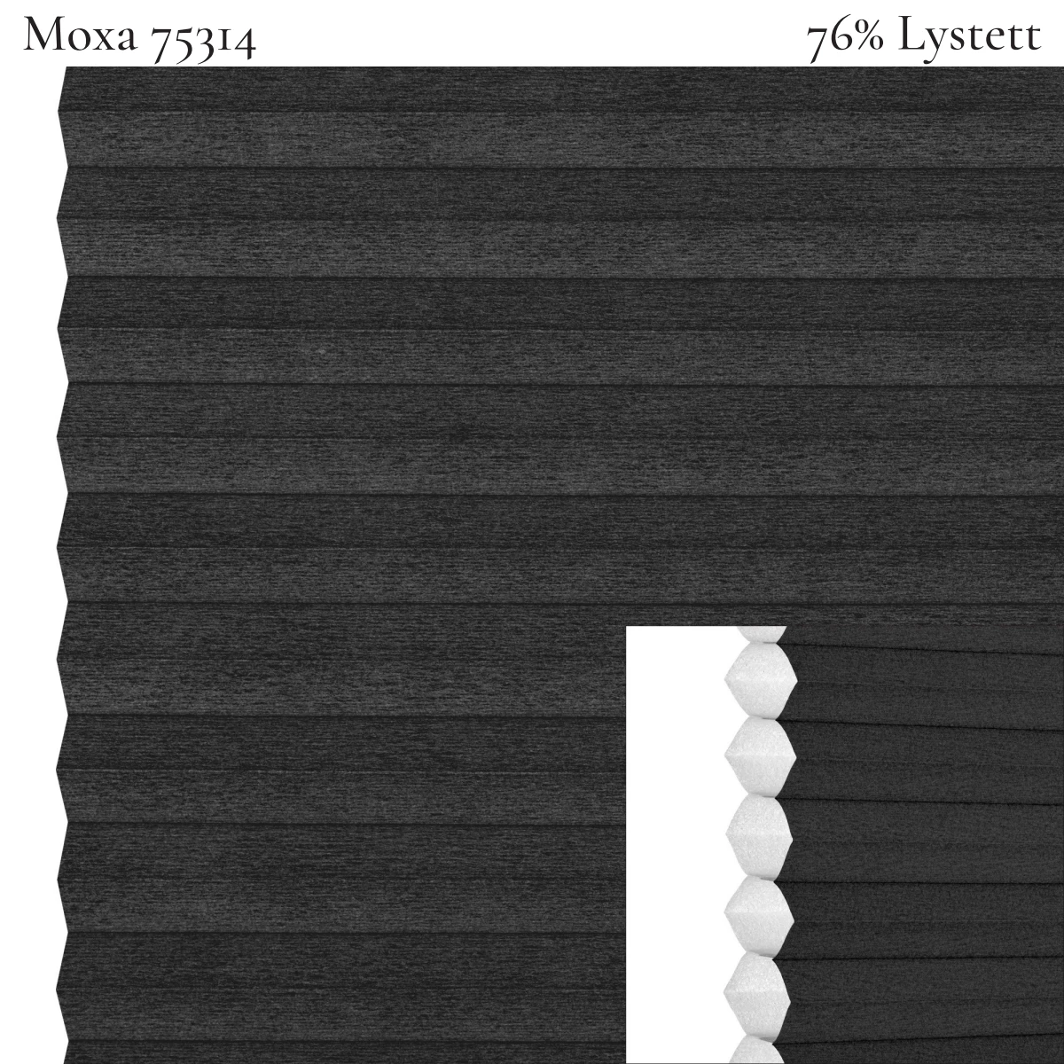Moxa FullTone 75414 plissegardin-tekstil — 76% Lystett Prisgunstig gjennomfarget tekstil med myk bomullsfølelse i mørke grå toner, gir tydelig kontrast med samme dype tone på begge sider