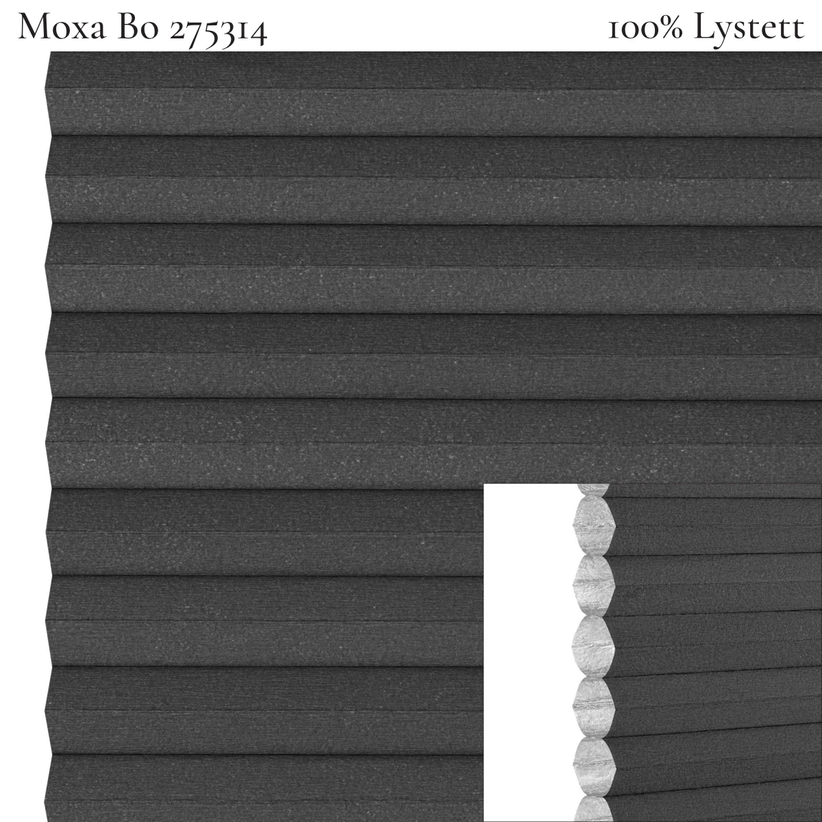Moxa FullTone Bo 275414 plissegardin-tekstil — 100% Lystett Gjennomfarget og 100 % lystett tekstil i mørke grå toner, det mest dempede FullTone-valget med full mørklegging