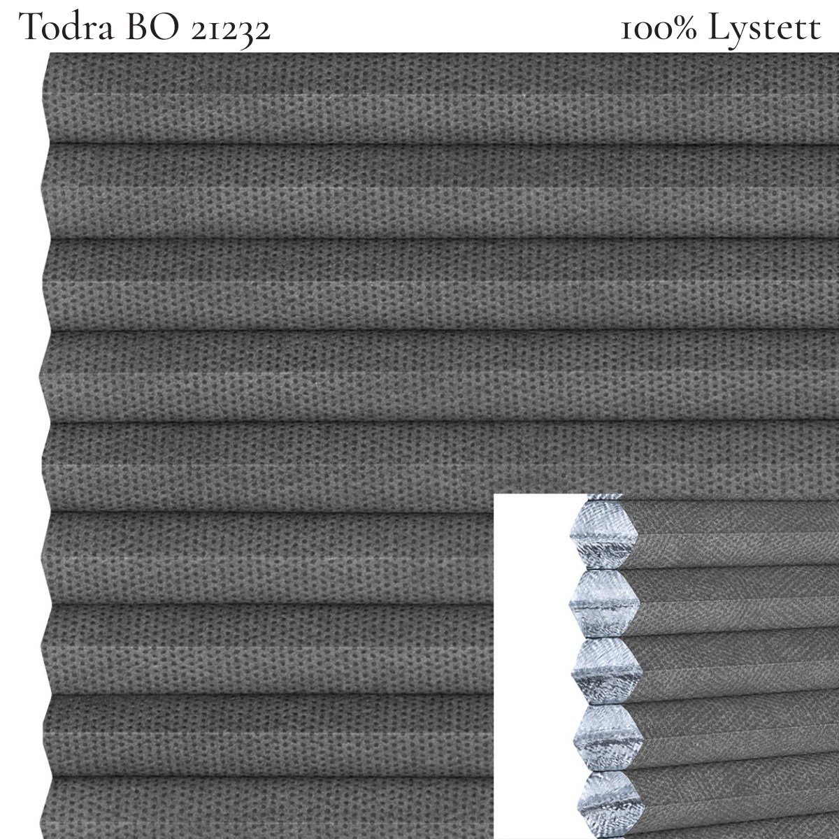Todra BO 21232 plissegardin-tekstil — 100% Lystett Prisgunstig tekstil med behagelig bomullsfølelse og et enkelt, stilrent uttrykk i mellomgrå toner